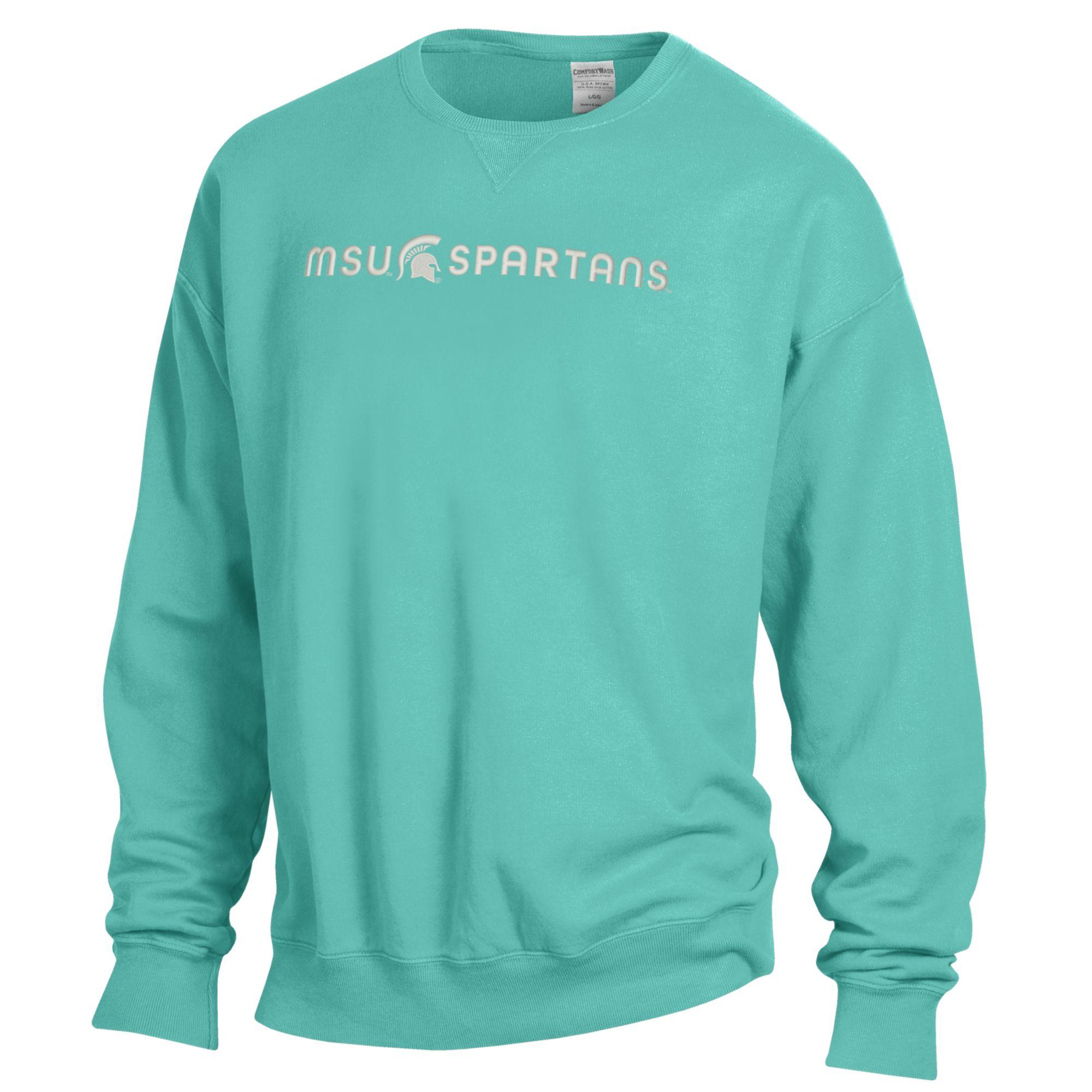 Teal sweatshirt with white embroidered 'MSU Spartans' with a white Spartan Helmet between MSU and Spartans.