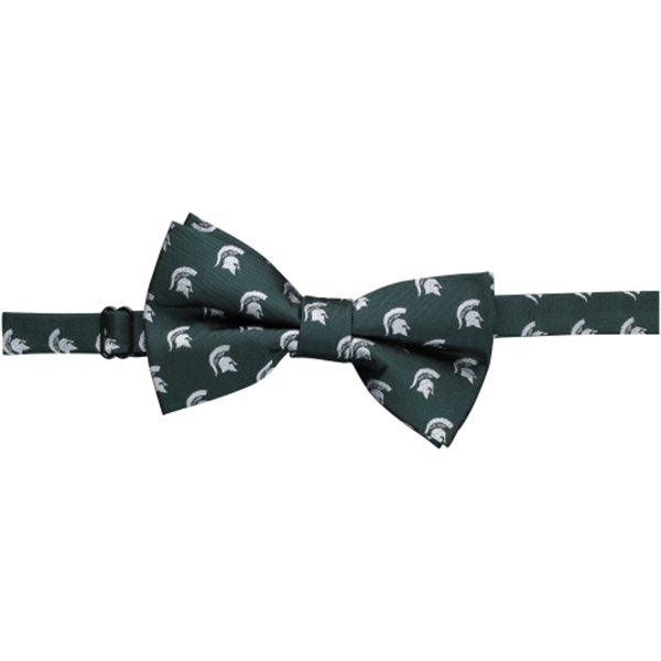 A green bow tie with a repeating white Spartan helmet logo pattern.
