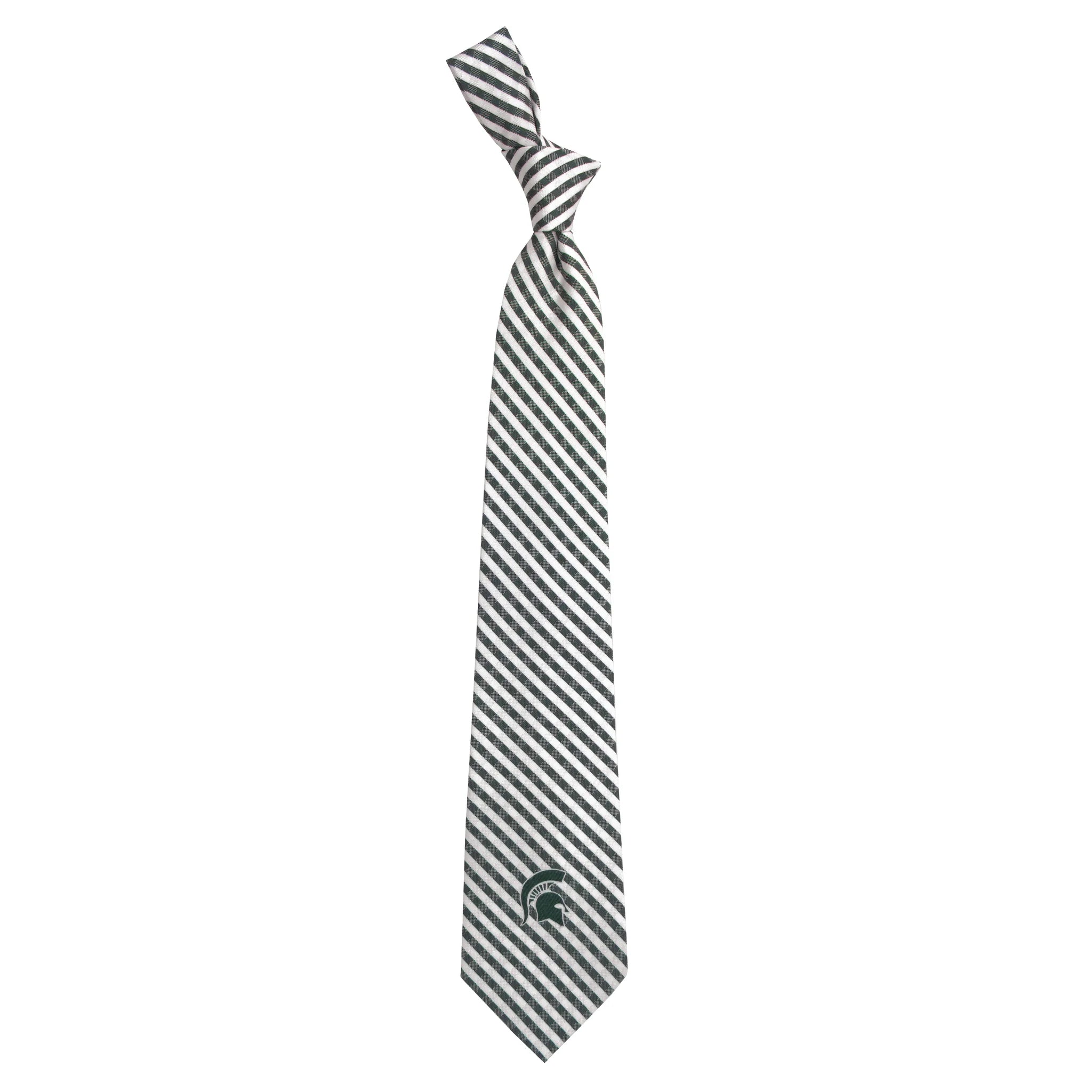 Black and white gingham tie with a green Spartan Helmet logo at the bottom. Shown on a white background.