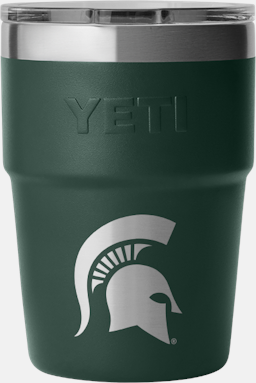 Green Yeti 16 ounce stackable cup with a silver Spartan Helmet on the front.