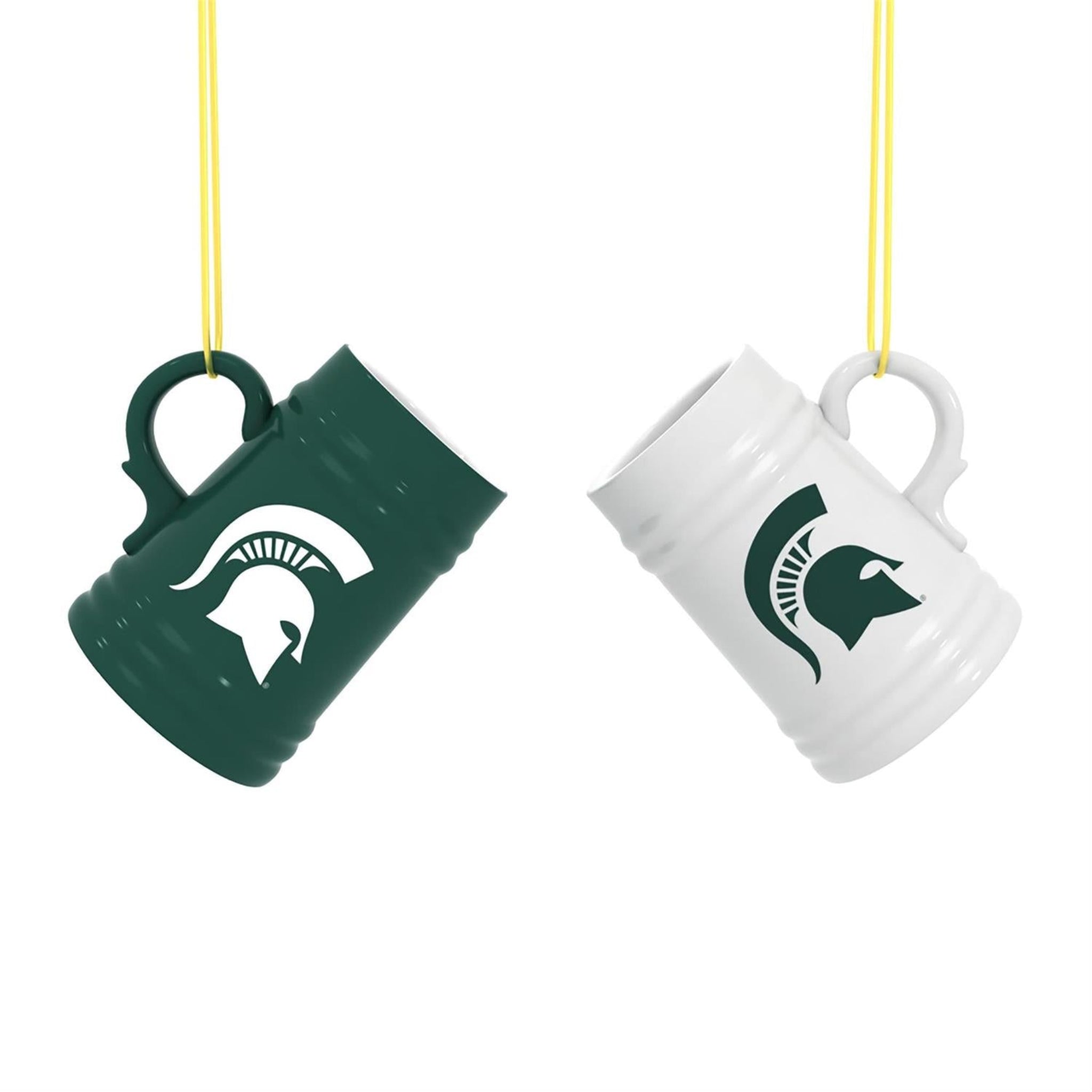 Two stein mugs with a Spartan helmet logo on a white background. One mug is green with a white Spartan helmet logo in the center of the mug. The other mug is white with a green Spartan Helmet logo in center.