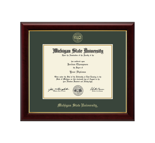 Diploma frame in a cherry lacquer finished moulding. Gold accents surrounding Williamsburg green mat. Gold embossed Michigan State University medallion centered above diploma display opening. Opening of mat is trimmed with gold mat. Below opening in gold embossed is Michigan State University.