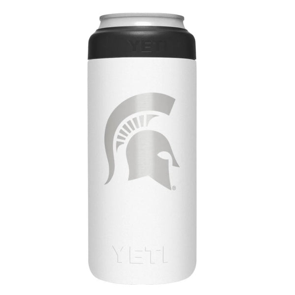 White stainless steel can cooler with a gray Spartan helmet and black top.