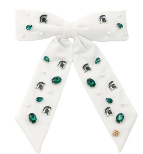 White bow with green Spartan Helmet logos, green gems, and white pearls.