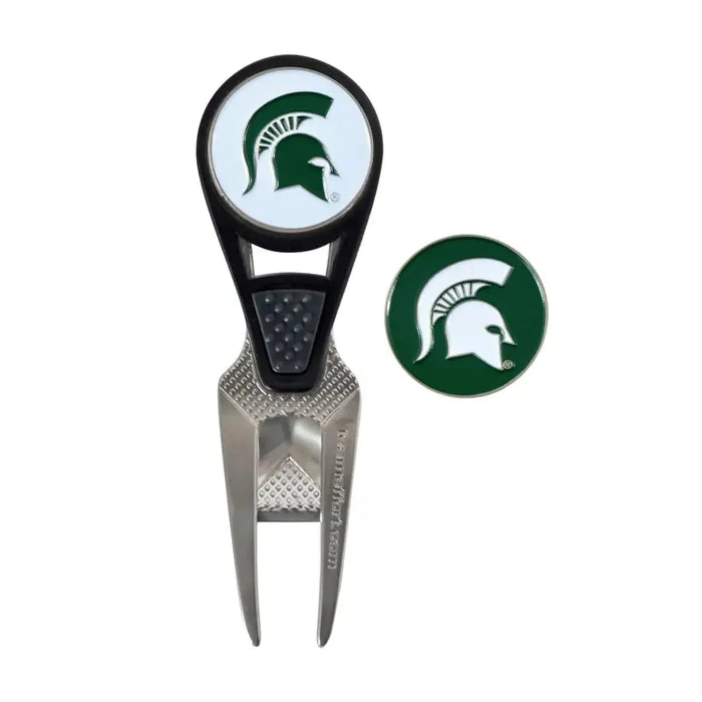 Black and silver divot tool and ball marker with the Spartan Helmet logo on green on a white background.