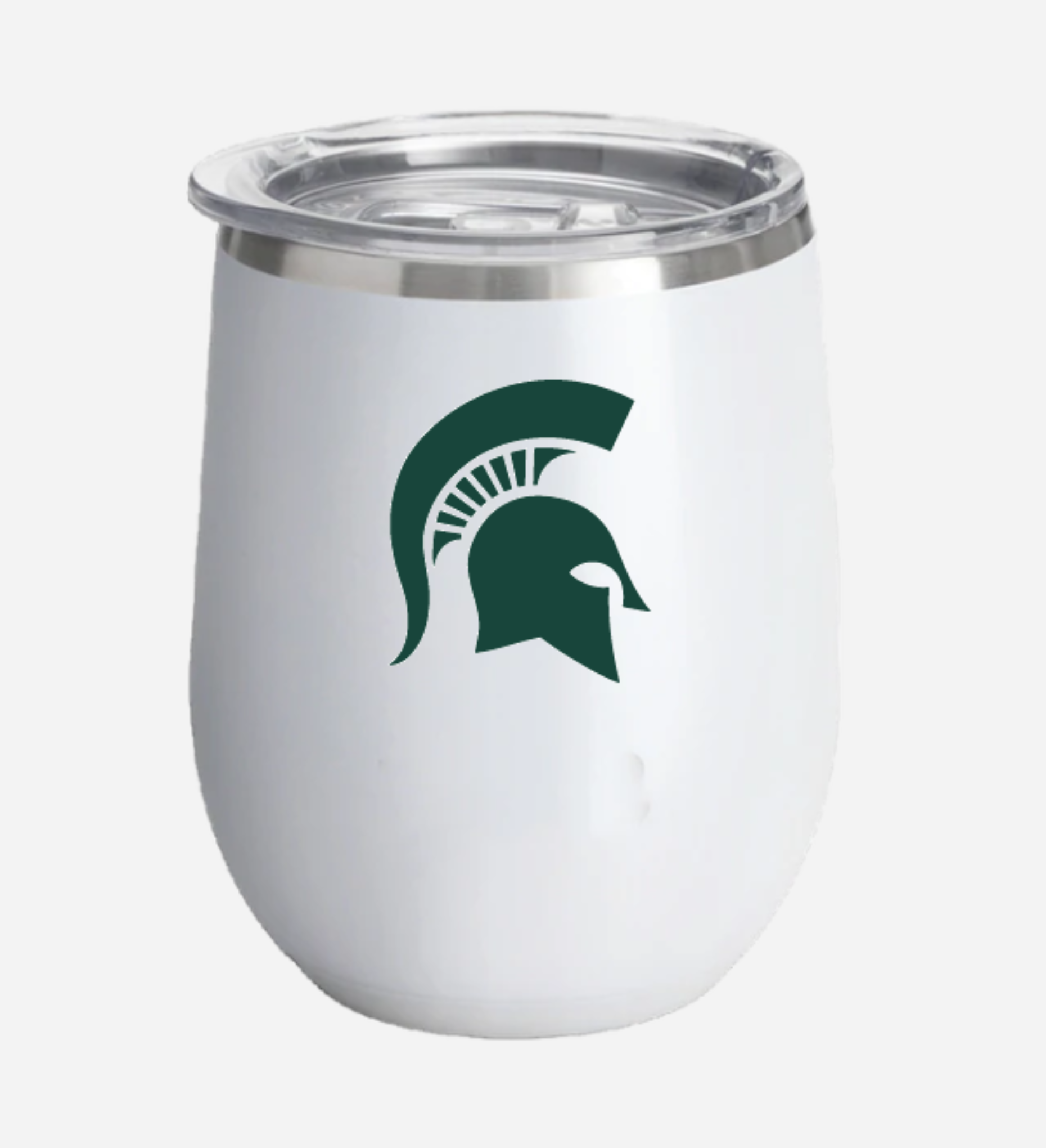 A white insulated tumbler with a green MSU Spartan helmet on the side, featuring a stainless steel rim and a lid.