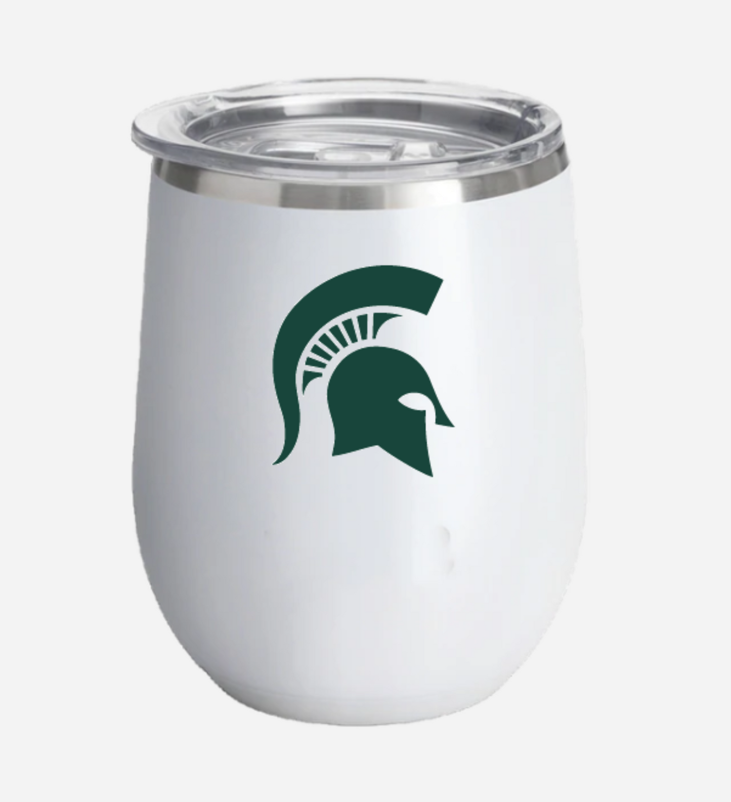 A white insulated tumbler with a green Spartan Helmet logo on the side, featuring a stainless steel rim and a lid.