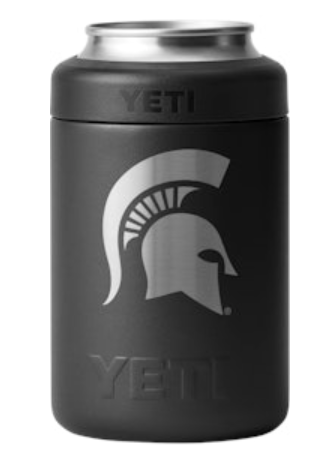A black stainless steel can cooler with a silver Spartan helmet in the middle.