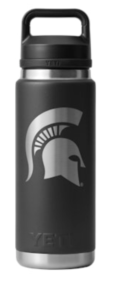 Black stainless steel water bottle with a silver Spartan helmet in the middle and a silver bottom and bottle opening.