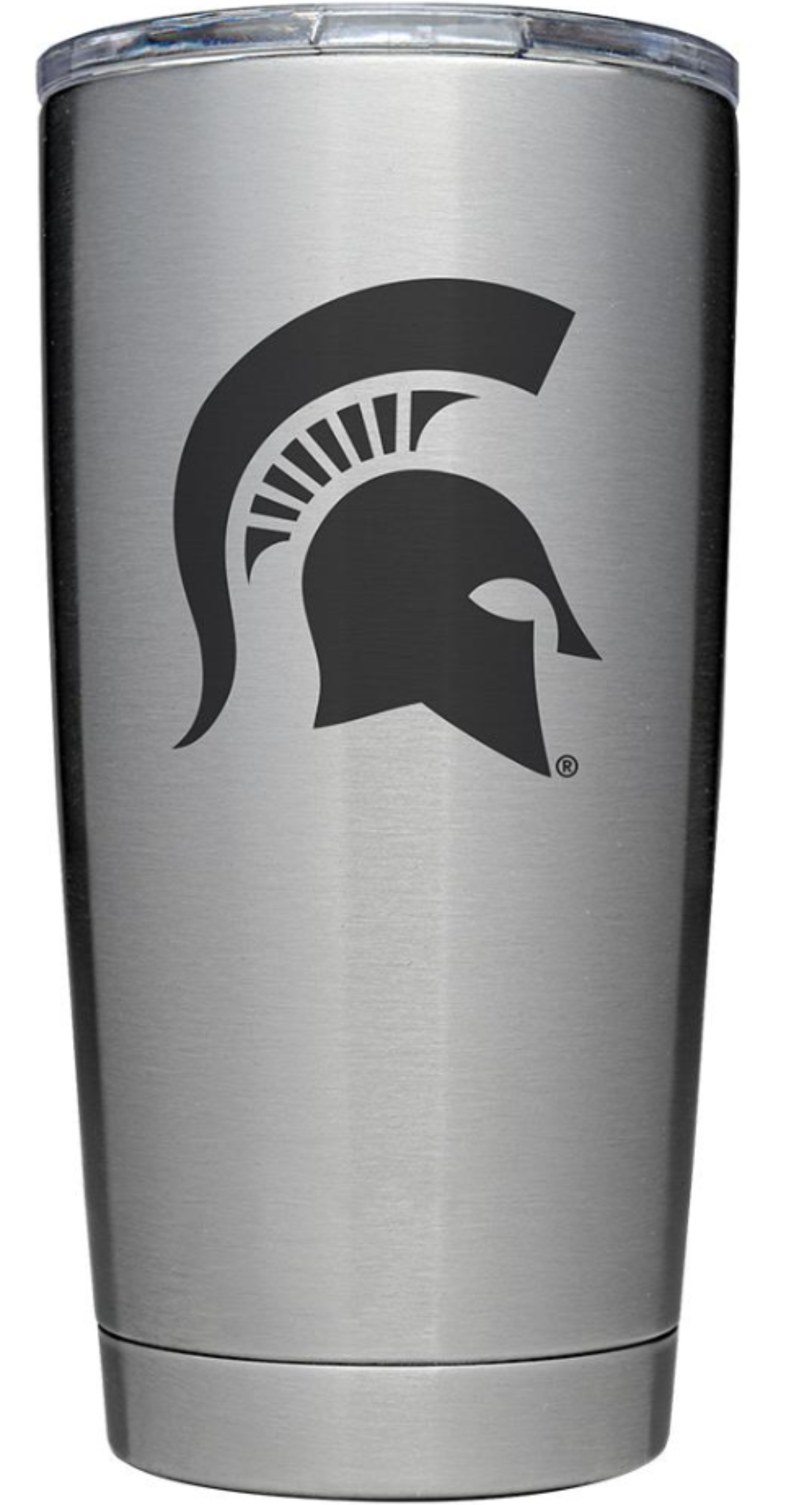 Stainless steel cup with a clear lid and a Spartan helmet logo in the center.