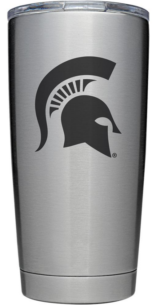 Stainless steel cup with a clear lid and a Spartan Helmet logo in the center.