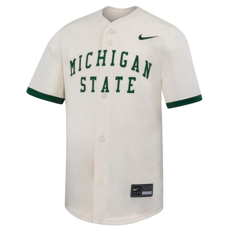 Off white shirt with "Michigan State" stacked in center chest. Shirt is a button down. Has green rings on arm holes.