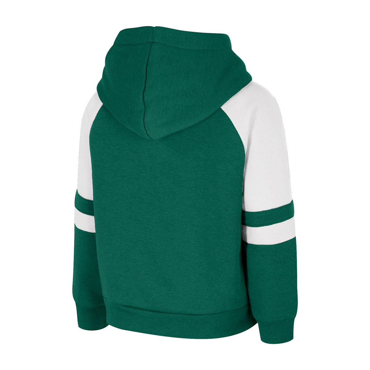 Back of a green and white hoodie.