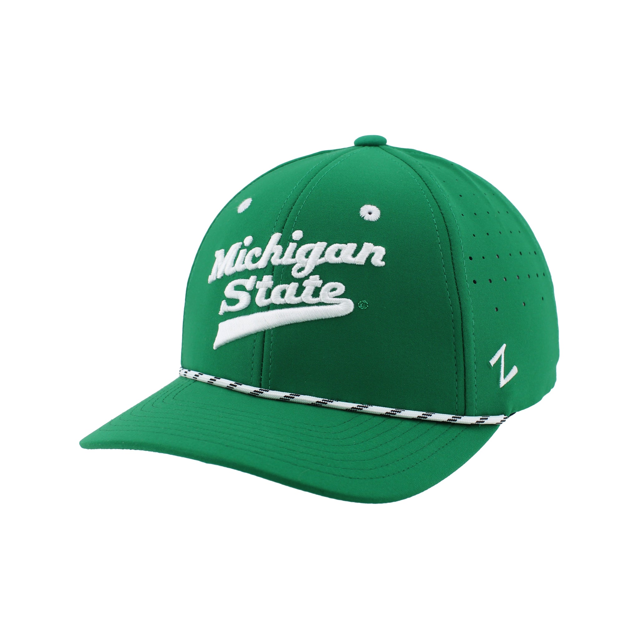 Bright green hat with the signature Michigan State wordmark that is seen on the hockey players jerseys in white embroidered on the front. Along the bill of the hat is a white and green thin rope. 