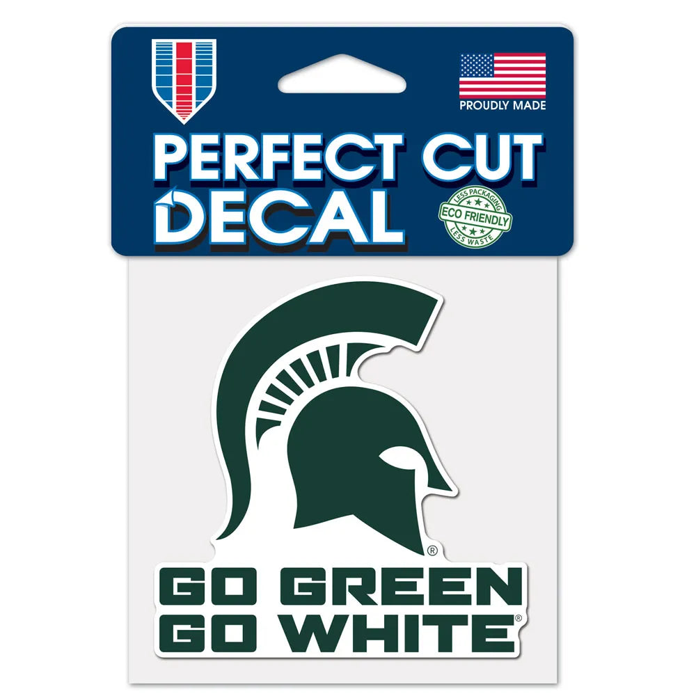 Green and white decal with a green Spartan Helmet logo and stacked text that reads "Go Green Go White."