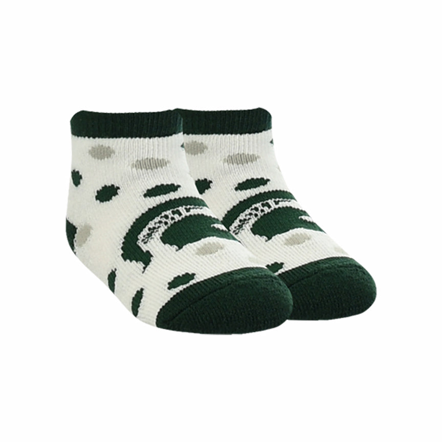 White ankle socks with green and gray polka dots, green Spartan Helmet logo, and green toes, heels, and cuffs.