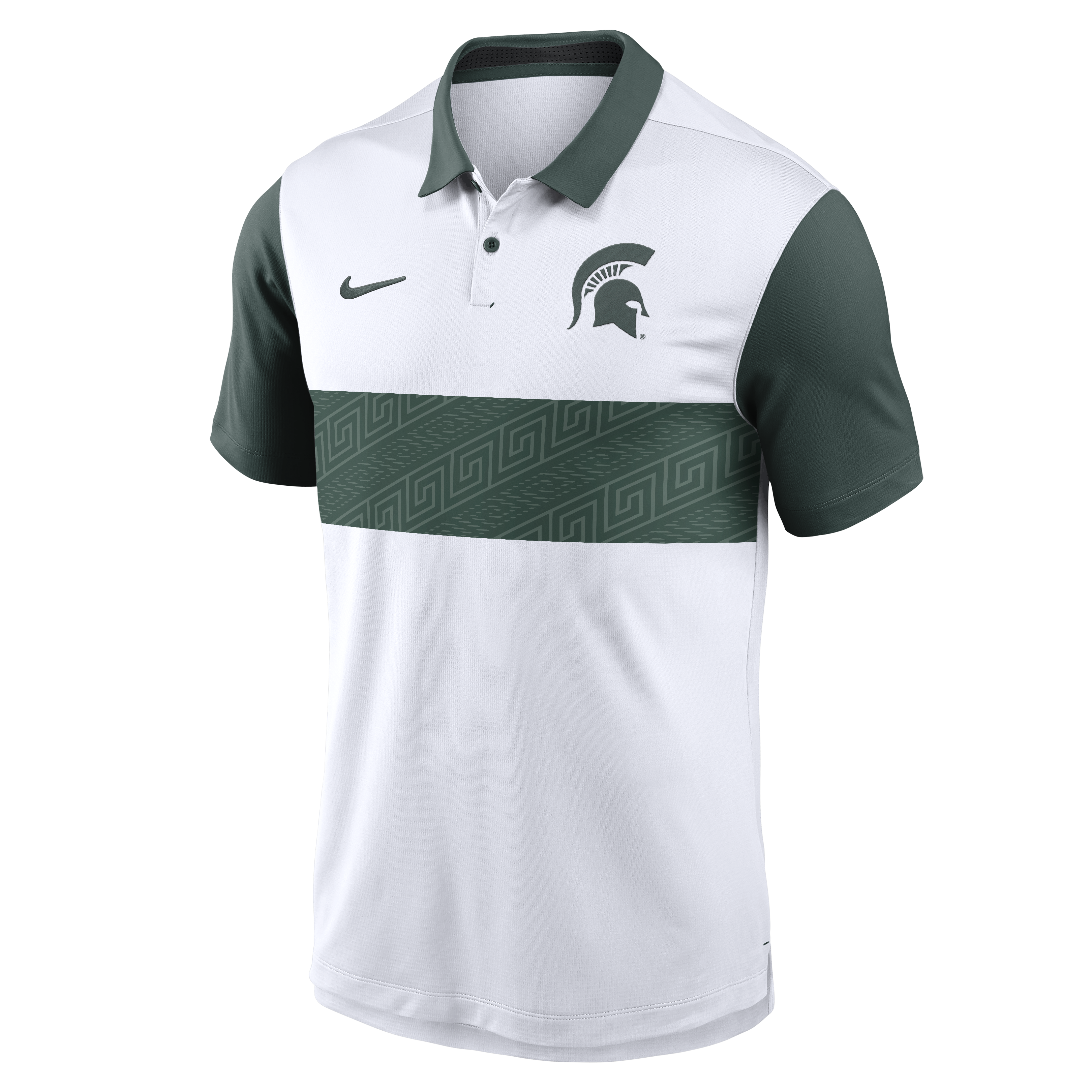 White and green polo with a green Spartan Helmet logo on the upper left chest, two-button placket, and the Nike logo in green on the upper right side. The collar and sleeves are green. On the mid section is a thick green stripe with an Aztec design. 