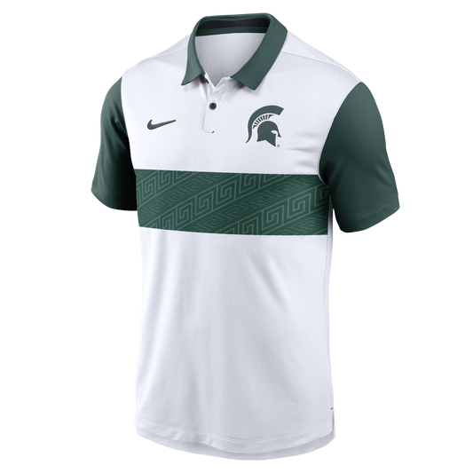White and green polo with a green Spartan Helmet logo on the upper left chest, two-button placket, and the Nike logo in green on the upper right side. The collar and sleeves are green. On the mid section is a thick green stripe with an Aztec design. 