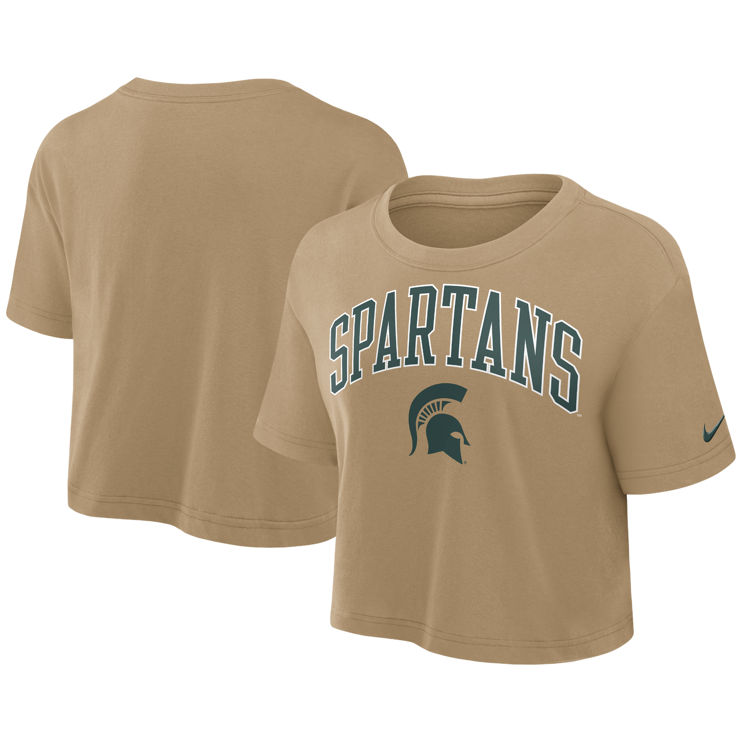 Khaki t-shirt with 'SPARTANS' text in green lettering and below green Spartan Helmet. 