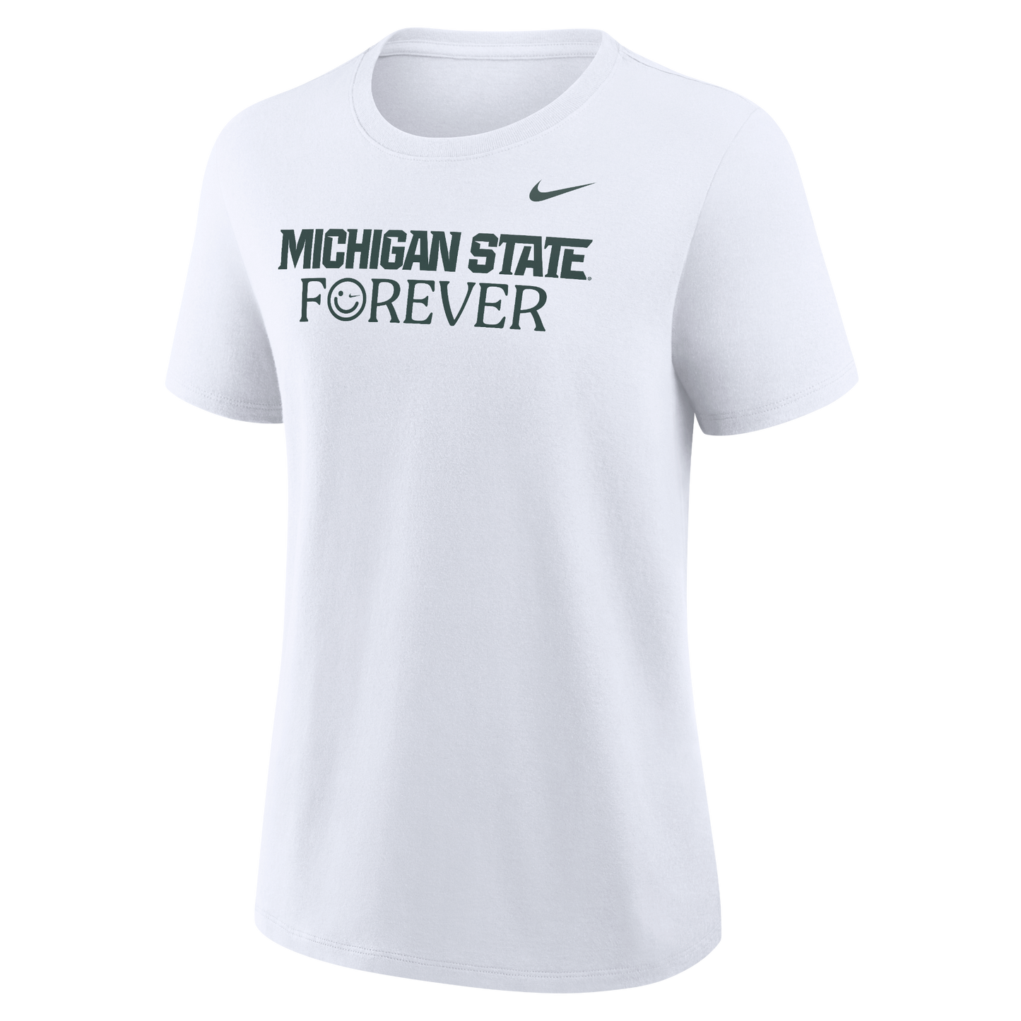 Women's white crew neck short sleeve top. Centered across chest in green screen print in Michigan State athletic font is 'Michigan State' and below is 'Forever' with the o being a winking smiling face. 