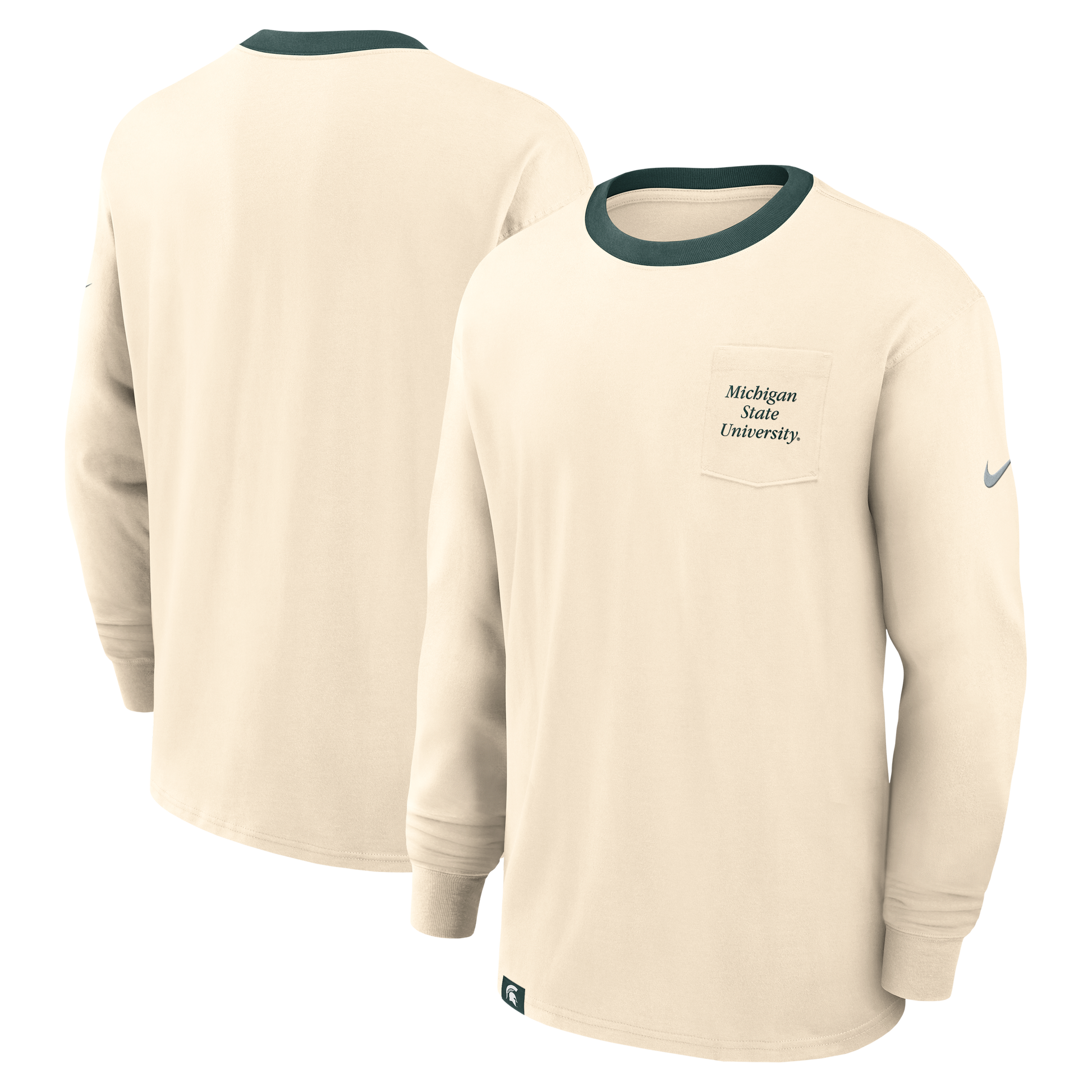 Beige long sleeve T-shirt with dark green text that reads "Michigan State University" on the left chest pocket and a dark green hem on the collar of the T-shirt. Green ring around neck. On the left sleeve is a gray Nike logo. 