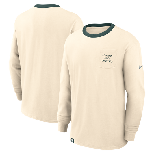 Beige long sleeve T-shirt with dark green text that reads "Michigan State University" on the left chest pocket and a dark green hem on the collar of the T-shirt. Green ring around neck. On the left sleeve is a gray Nike logo. 