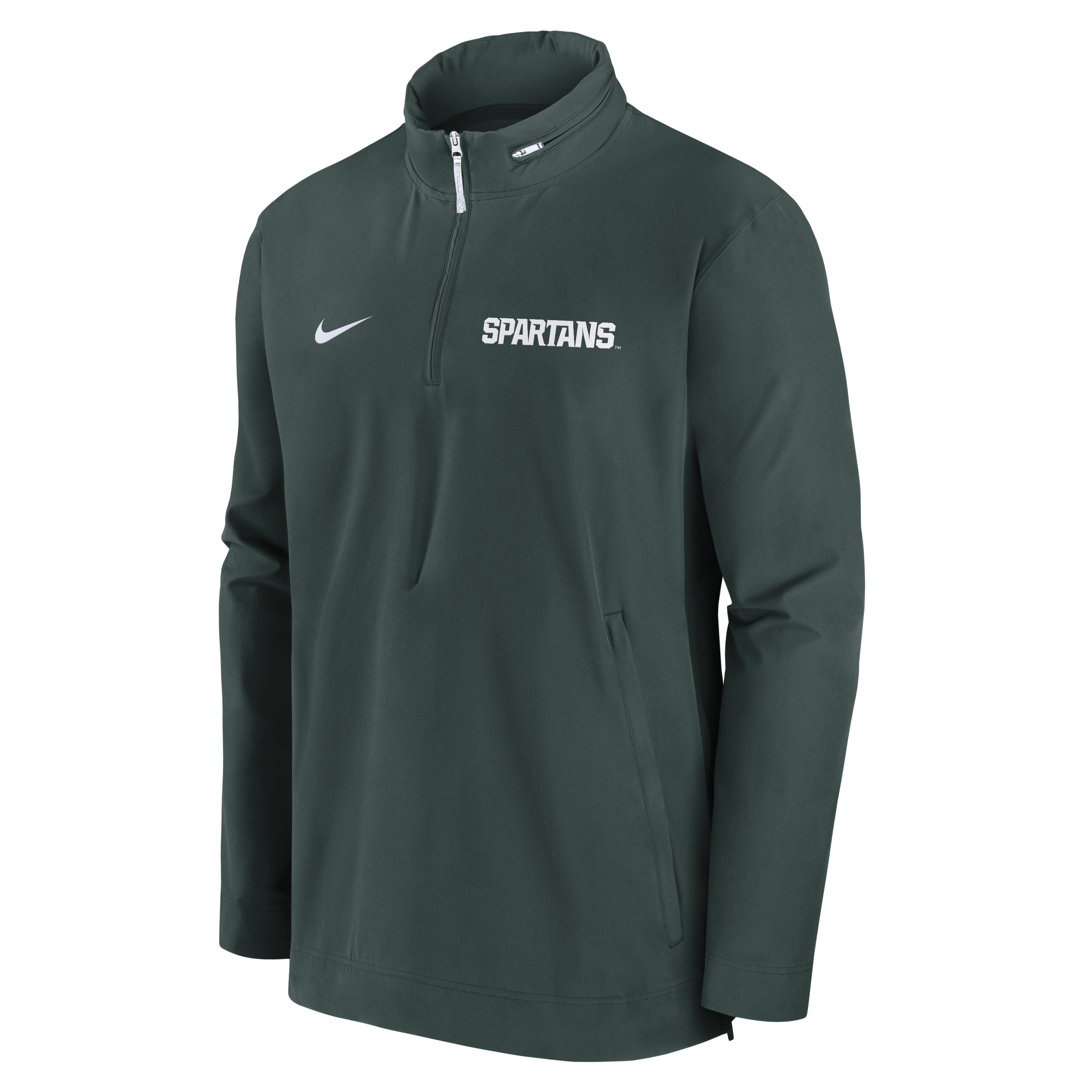 A green quarter-zip jacket with a white Spartans logo on the upper left chest and a white Nike swoosh on the upper right.