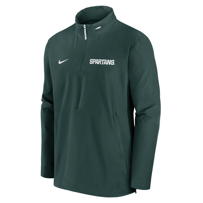 A green quarter-zip jacket with a white Spartans logo on the upper left chest and a white Nike swoosh on the upper right.