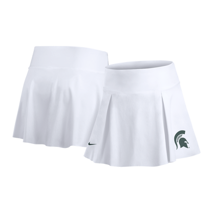 White tennis skirt with a Spartan Helmet logo at the bottom. 