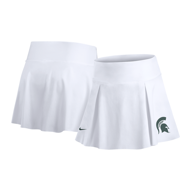 White tennis skirt with a Spartan helmet logo at the bottom. 