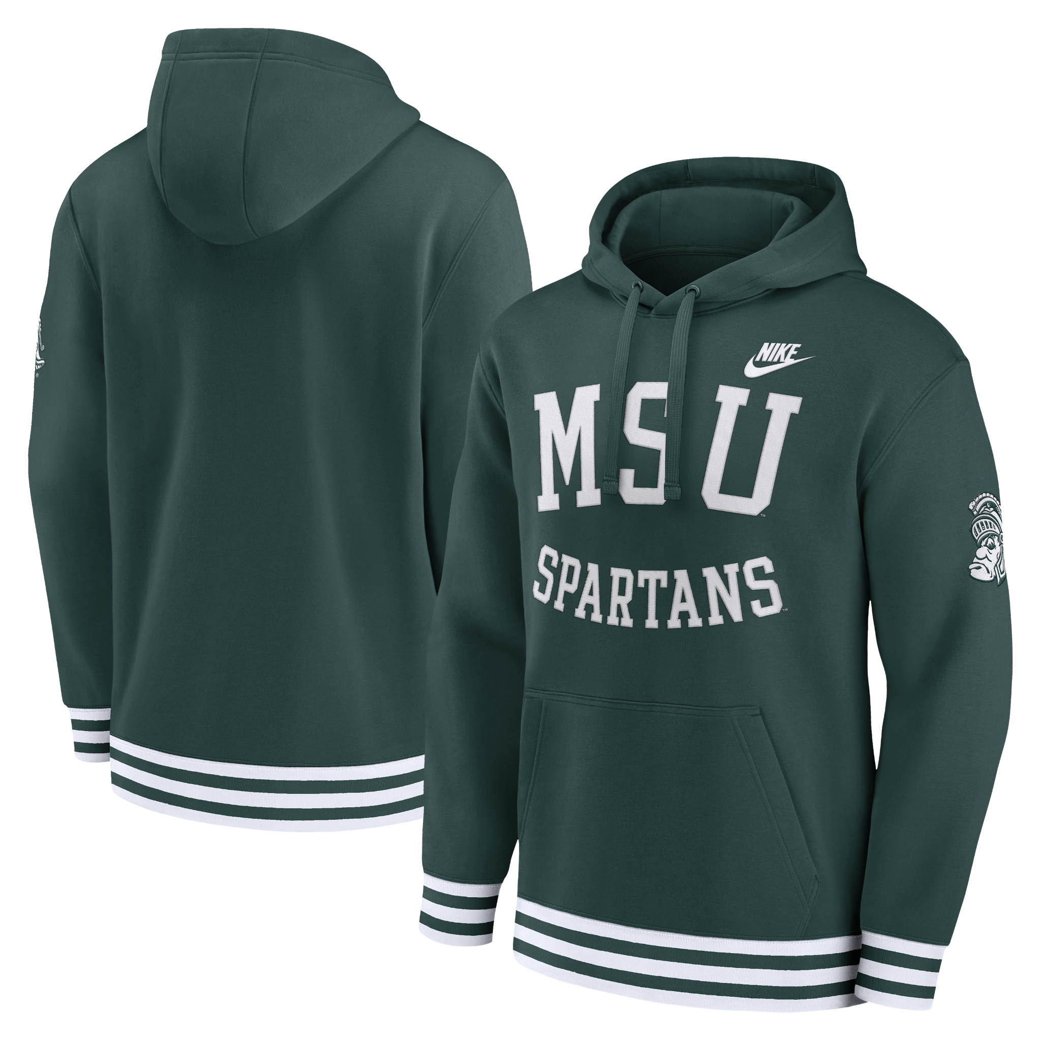 A green Nike Spartans Stripe Sweatshirt with white and purple stripes on the cuffs and waist hem, featuring 'MSU Spartans' embroidery on the front.