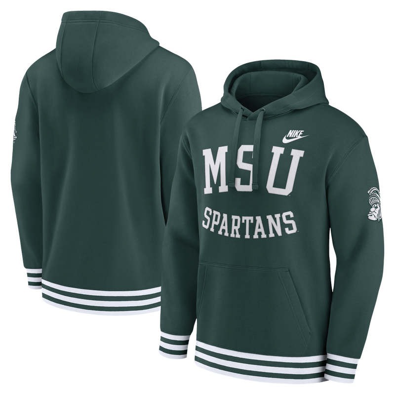 A green Nike Spartans Stripe Sweatshirt with white and purple stripes on the cuffs and waist hem, featuring 'MSU Spartans' embroidery on the front.