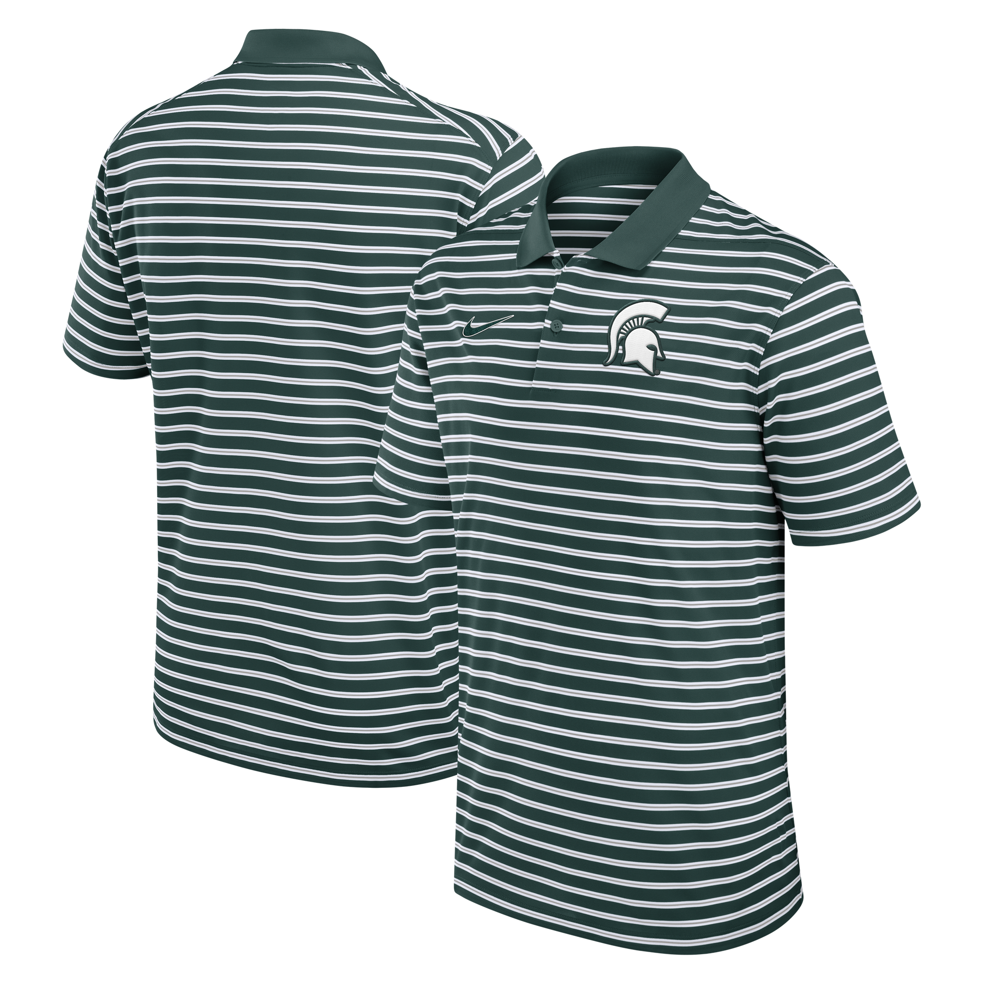 Green and White striped polo with a green collar, white Spartan Helmet logo on the upper left chest, and a white Nike swoosh logo on the upper right chest. 