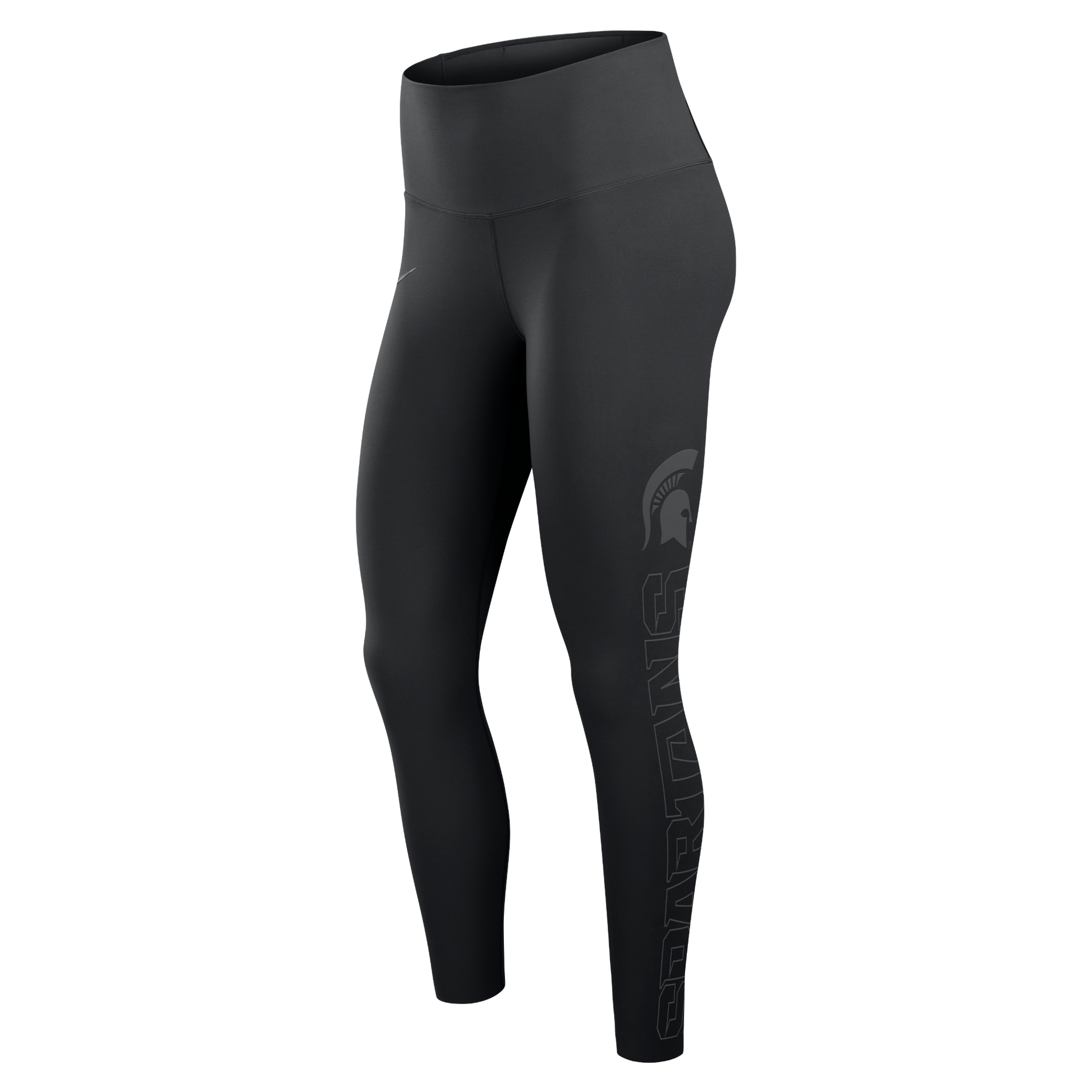 Left side of black leggings with a Spartan Helmet  logo leg and a "Spartans" wordmark underneath on the left leg in gray. On the right upper hip there is a gray Nike sign. 