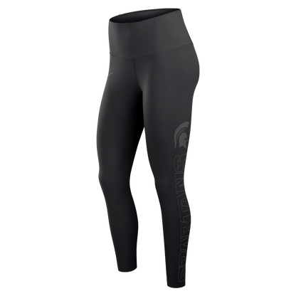 Left side of black leggings with a Spartan Helmet  logo leg and a "Spartans" wordmark underneath on the left leg in gray. On the right upper hip there is a gray Nike sign. 