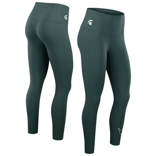 Dark green leggings with Spartan Helmet logo on the left upper hip and white Nike logo on the left lower leg. 