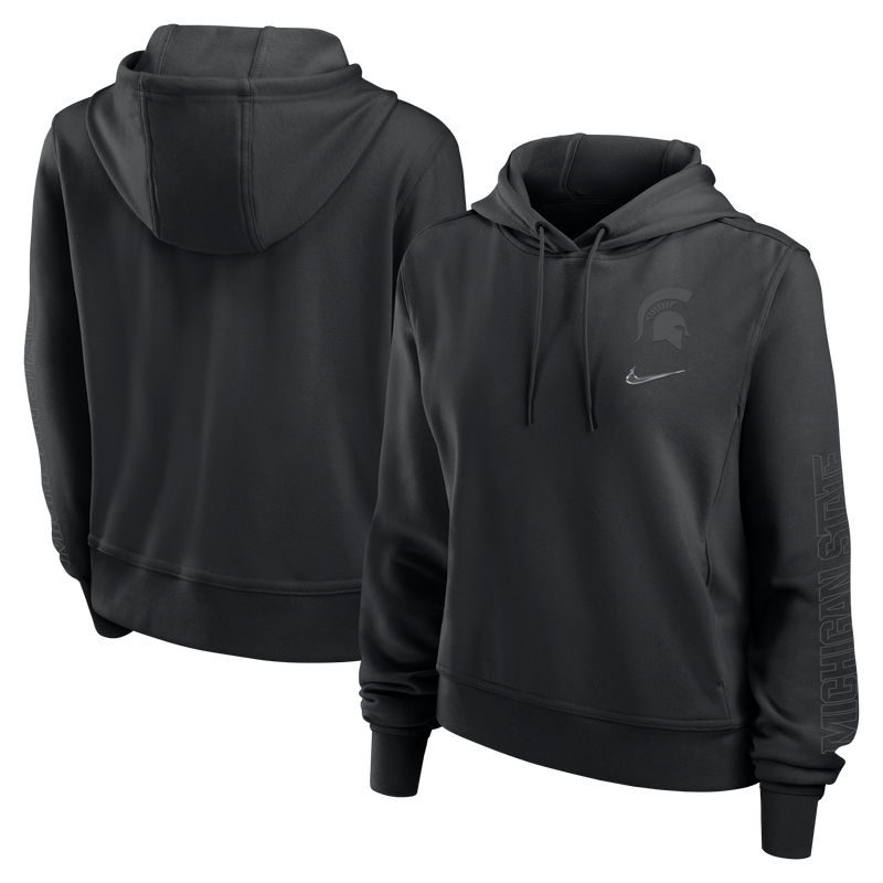 A black hoodie with a black Spartan helmet logo on the upper left chest and the words "Michigan State" on the left arm.
