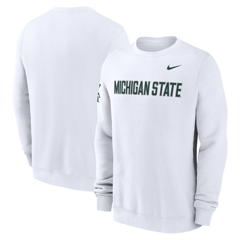 White sweatshirt with 'Michigan State' text and Nike logo on a white background