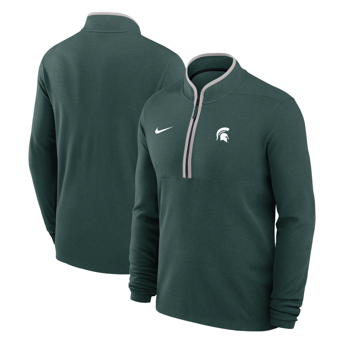 Dark green Michigan State quarter-zip pullover shown from the front and back, featuring a stand collar with contrasting light gray trim, a half-zip placket, long sleeves, a white Nike Swoosh on the right chest, and a white Spartan helmet logo on the left chest.