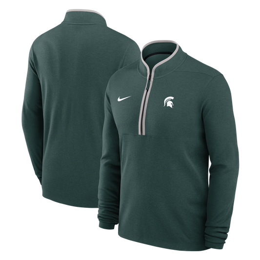 Dark green Michigan State quarter-zip pullover shown from the front and back, featuring a stand collar with contrasting light gray trim, a half-zip placket, long sleeves, a white Nike Swoosh on the right chest, and a white Spartan helmet logo on the left chest.