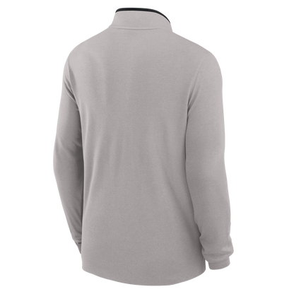 The back of a gray quarter-zip.