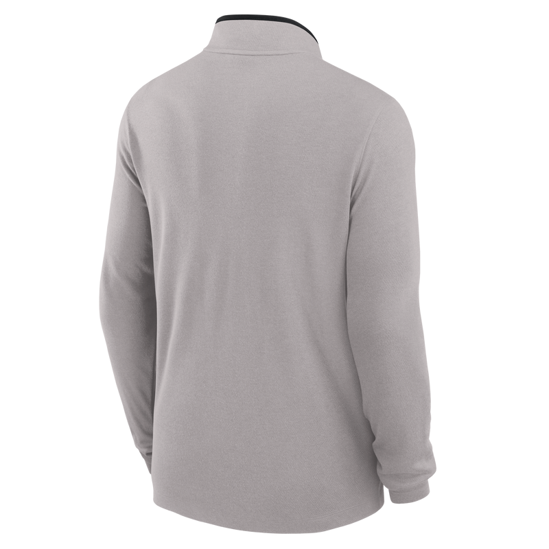 The back of a gray quarter zip.