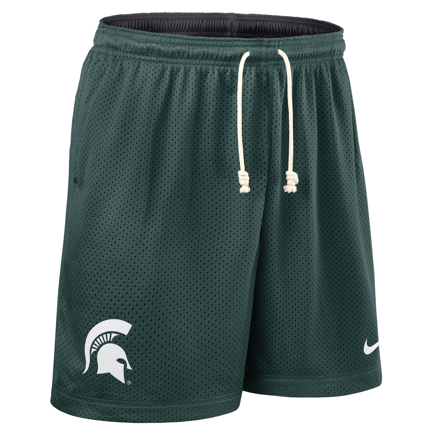 A green pair of mesh basketball shorts with a white Spartan Helmet logo on the right leg and a white Nike Swoosh on the lower left.