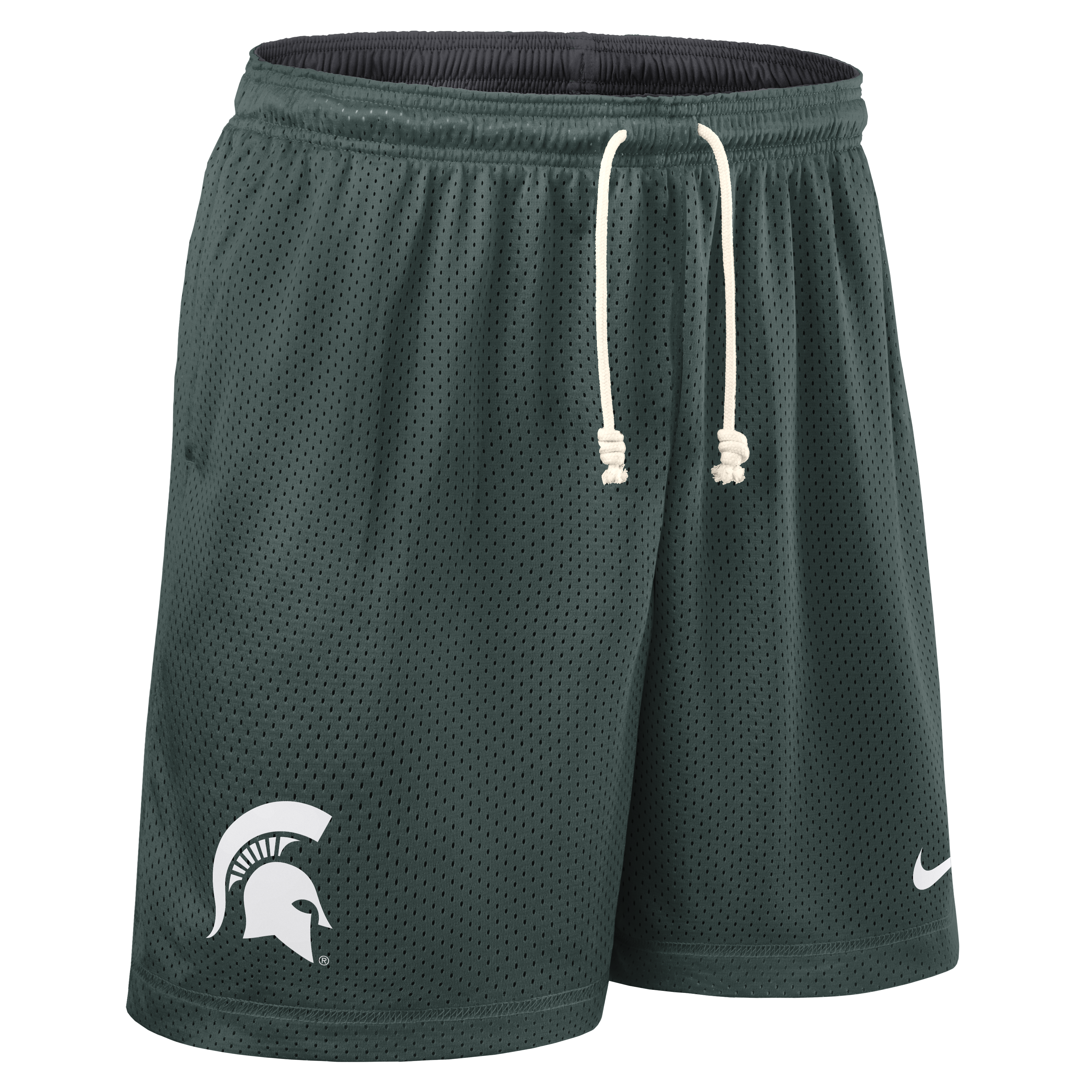 A green pair of mesh basketball shorts with a white Spartan helmet logo on the right leg and a white Nike swoosh on the left.