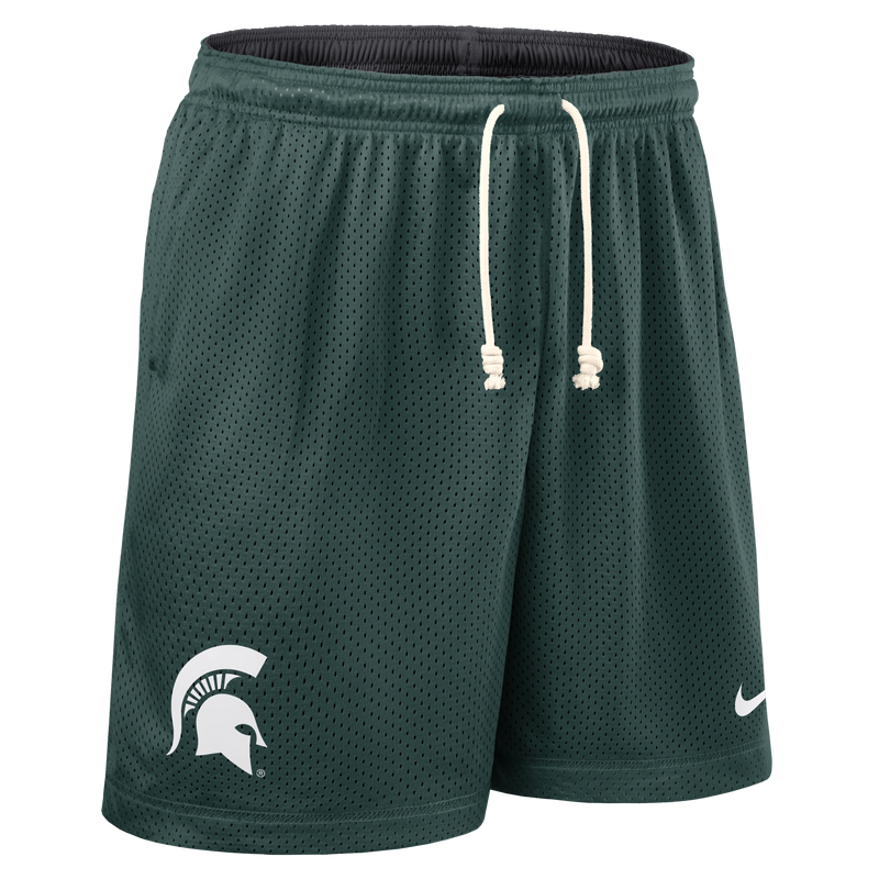A green pair of mesh basketball shorts with a white Spartan helmet logo on the right leg and a white Nike swoosh on the left.