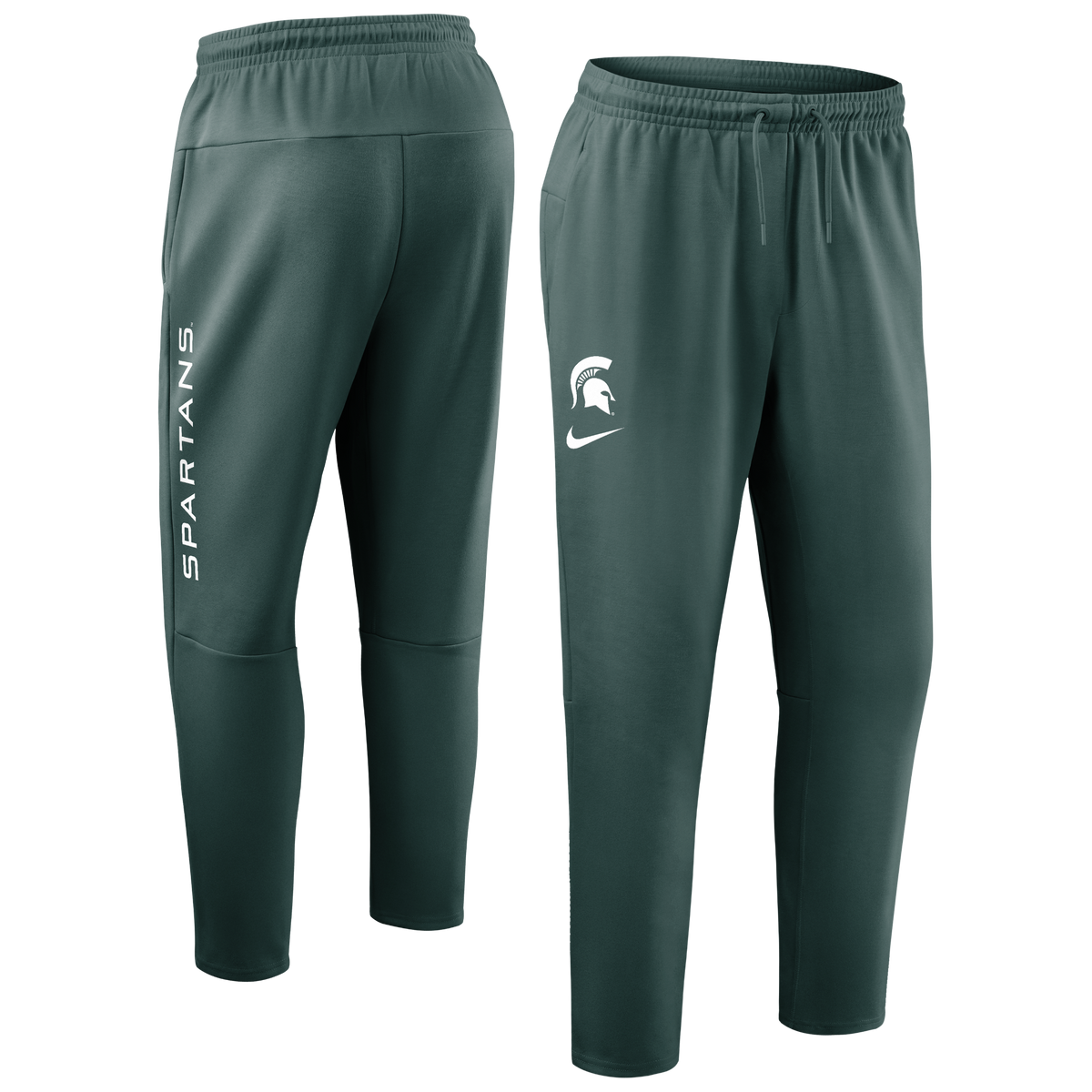 Dark green Michigan State Spartans jogger pants shown from the front and back, featuring an elastic drawstring waistband, tapered legs, side pockets, a white Spartan helmet logo and Nike Swoosh on the front thigh, and vertical “SPARTANS” lettering printed on the back of the left leg.