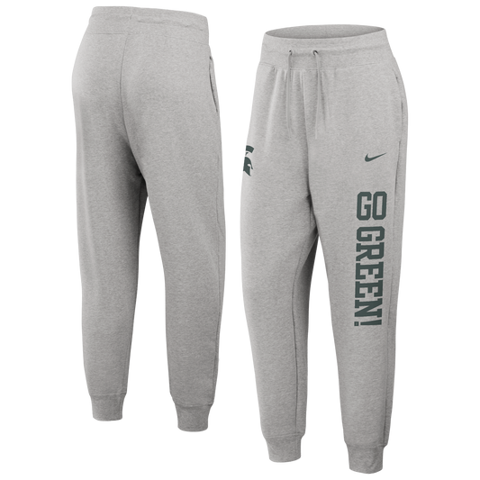 Heather gray Michigan State jogger sweatpants shown from the front and back, featuring an elastic drawstring waistband, side pockets, ribbed ankle cuffs, a green Spartan helmet logo and Nike Swoosh on the upper left leg, and large vertical “GO GREEN!” lettering printed down the right le