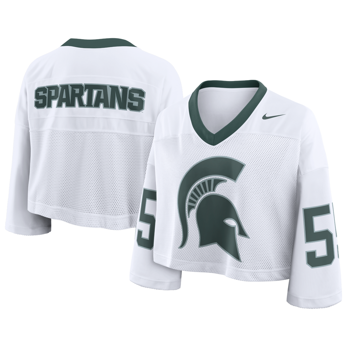 White Michigan State cropped football-style jersey with green trim at the V-neck collar, mesh front panel, oversized green Spartan helmet graphic on the chest, and the number “55 printed on both sleeves. The back features bold “SPARTANS” lettering across the shoulders, with a Nike Swoosh logo on the upper front.
