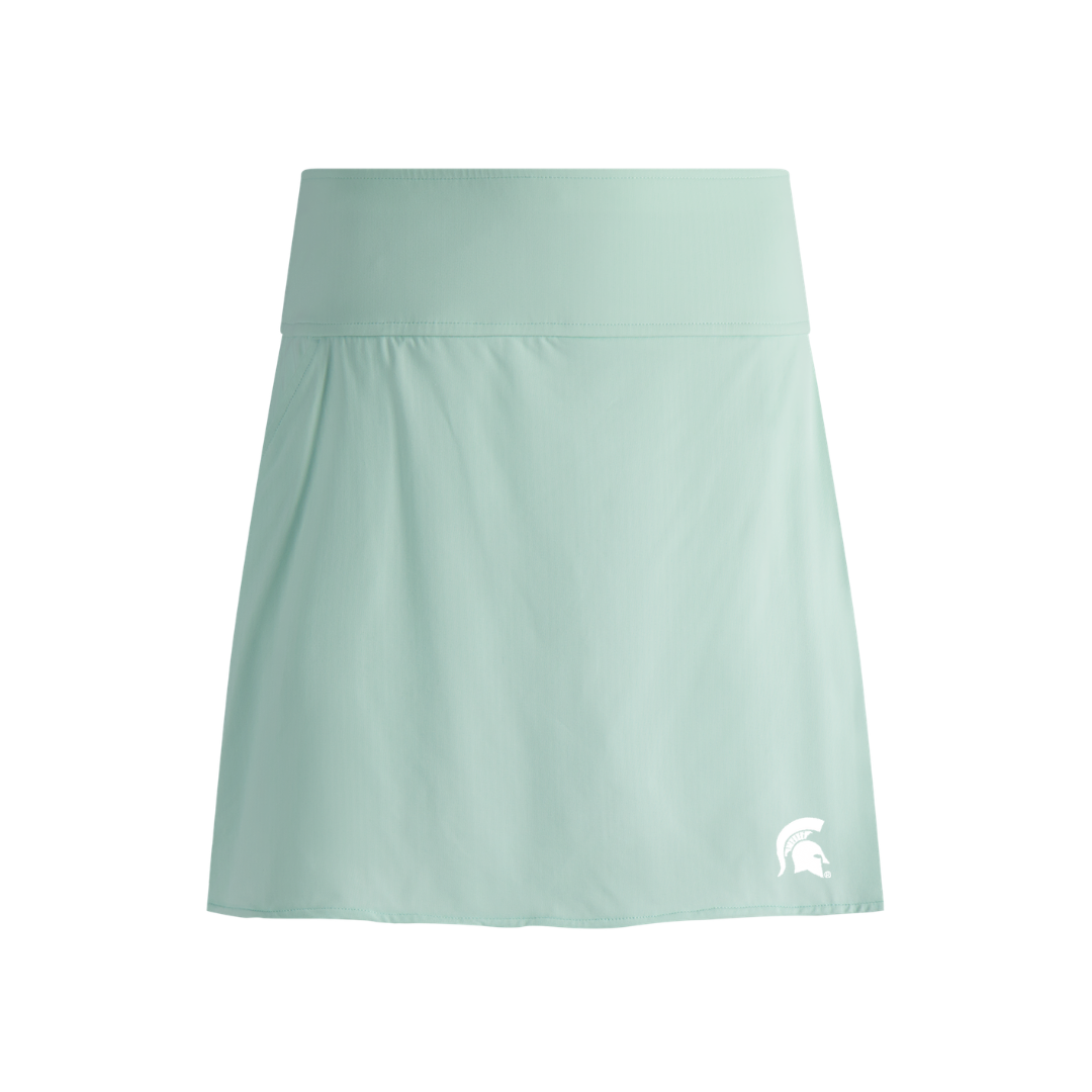 Mint Green skort with a white Spartan Helmet on the lower left side. Shown on a white background. 
