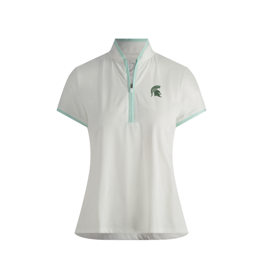 White mock neck quarter-zip with a mint green hem on the collar, zipper, and sleeves. Embroidered on the upper left chest is a dark green Spartan Helmet logo. Shown on a white background. 